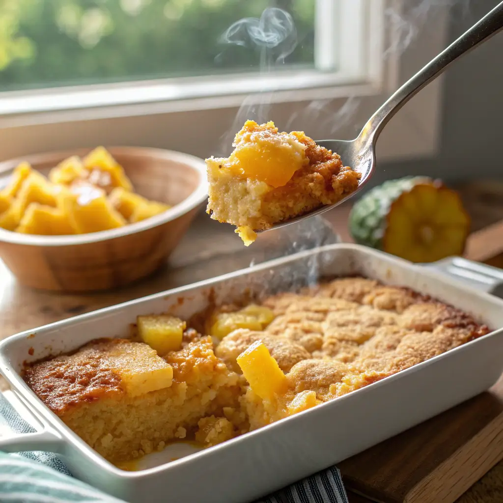Freshly baked pineapple dump cake with melting vanilla ice cream