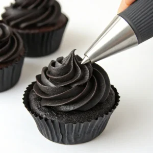 Loading black buttercream into piping bag with small round tip