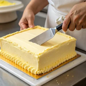 Applying yellow buttercream frosting to square cake with offset spatula
