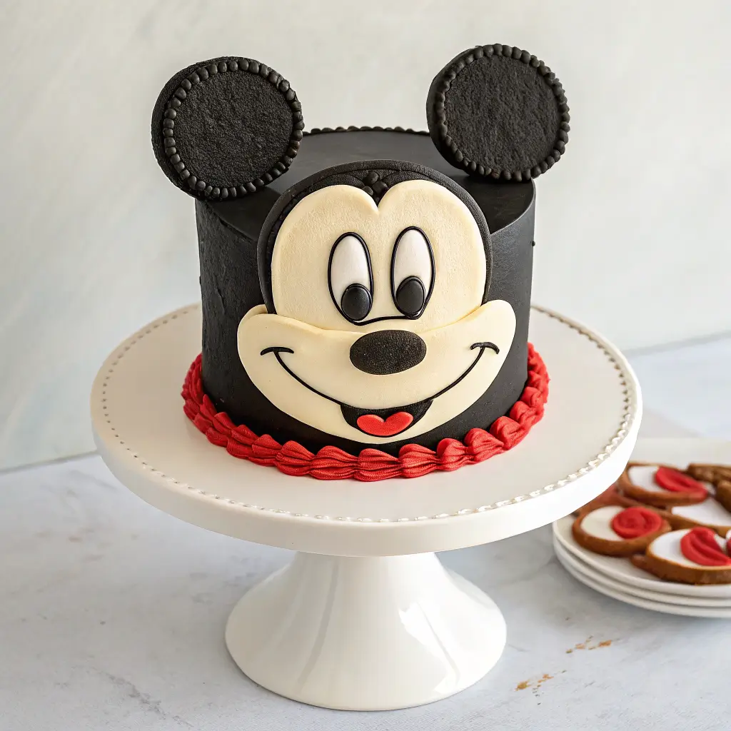 Completed Mickey Mouse cake with black ears and outline, white face, and classic facial features including oval eyes, round nose, and curved smile.