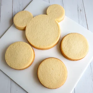 Three round cakes arranged in Mickey Mouse shape - one large 8-inch cake for the face and two smaller 4-inch cakes positioned above as ears.