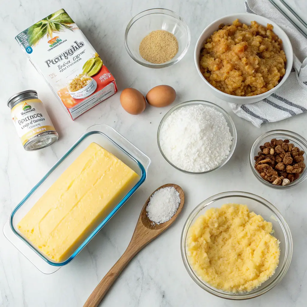 Ingredients for making pineapple dump cake arranged on countertop