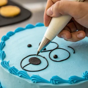 Piping Stitch's facial features with black buttercream