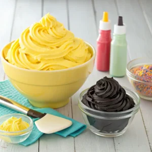 Yellow and black buttercream frosting in separate bowls with food coloring bottles