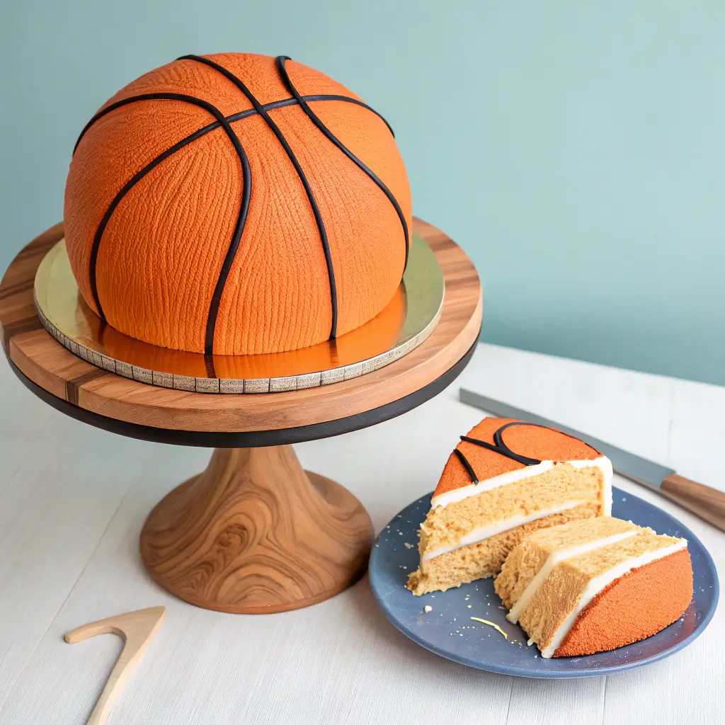 3D basketball cake with textured orange frosting and black pattern lines