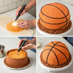 Four-stage basketball cake assembly process