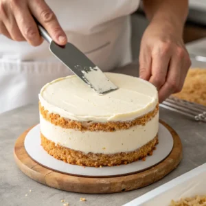 Applying a thin crumb coat to a round cake
