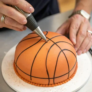 Piping black lines on basketball cake decoration