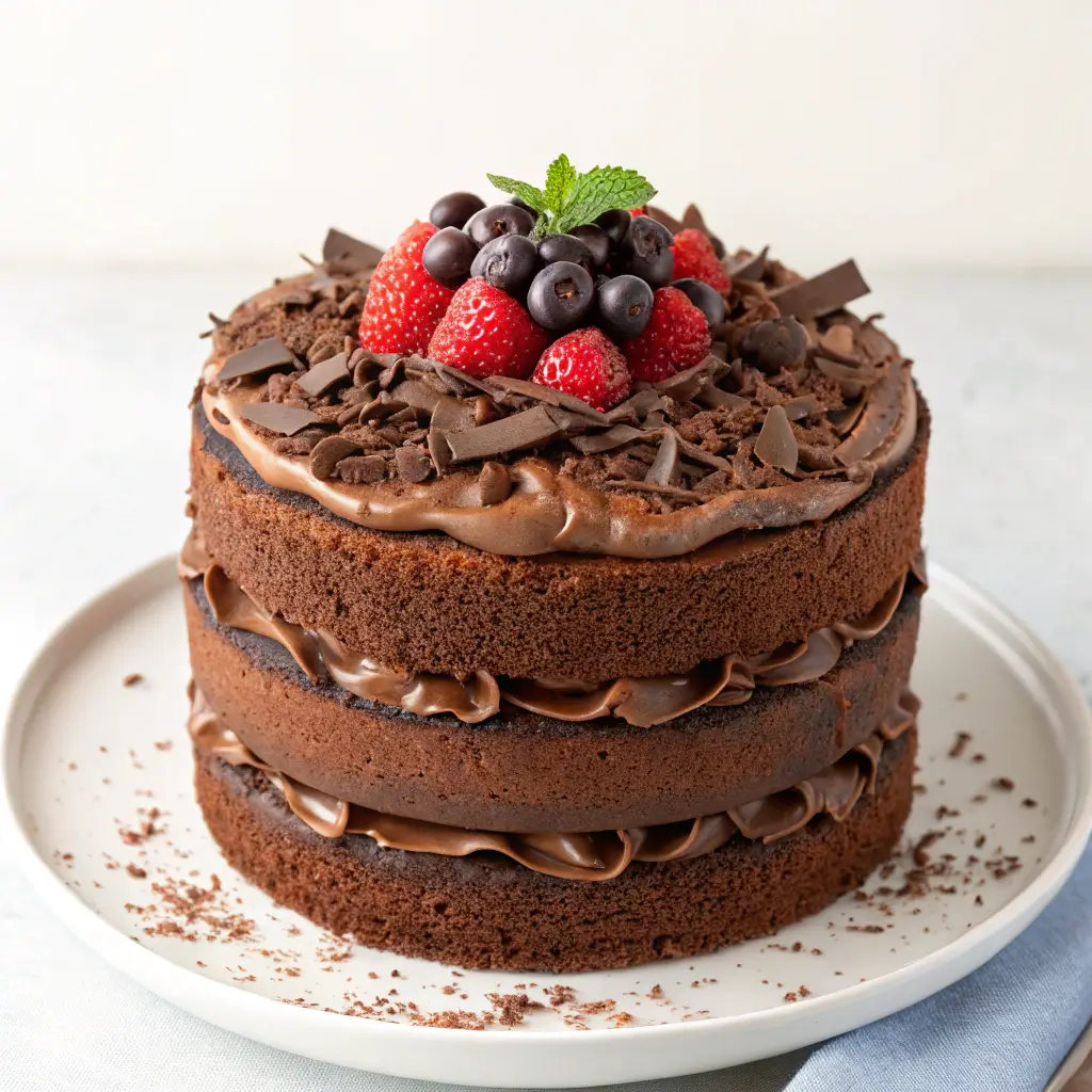 Three-layer chocolate cake with rich fudge frosting, topped with fresh strawberries, blueberries, and chocolate shavings.
