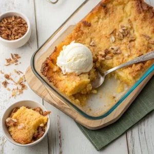 Spoonful of warm pineapple dump cake showing layers