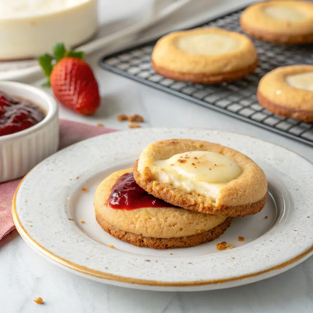 Freshly baked cheesecake cookie with creamy center on white plate