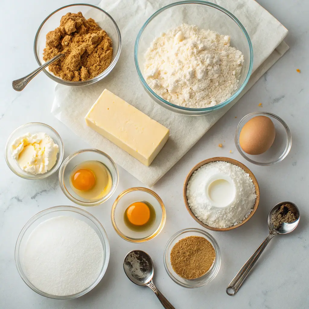 Ingredients for cheesecake cookies arranged on marble surface