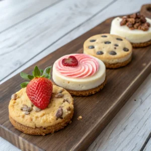 Four cheesecake cookie variations on wooden board