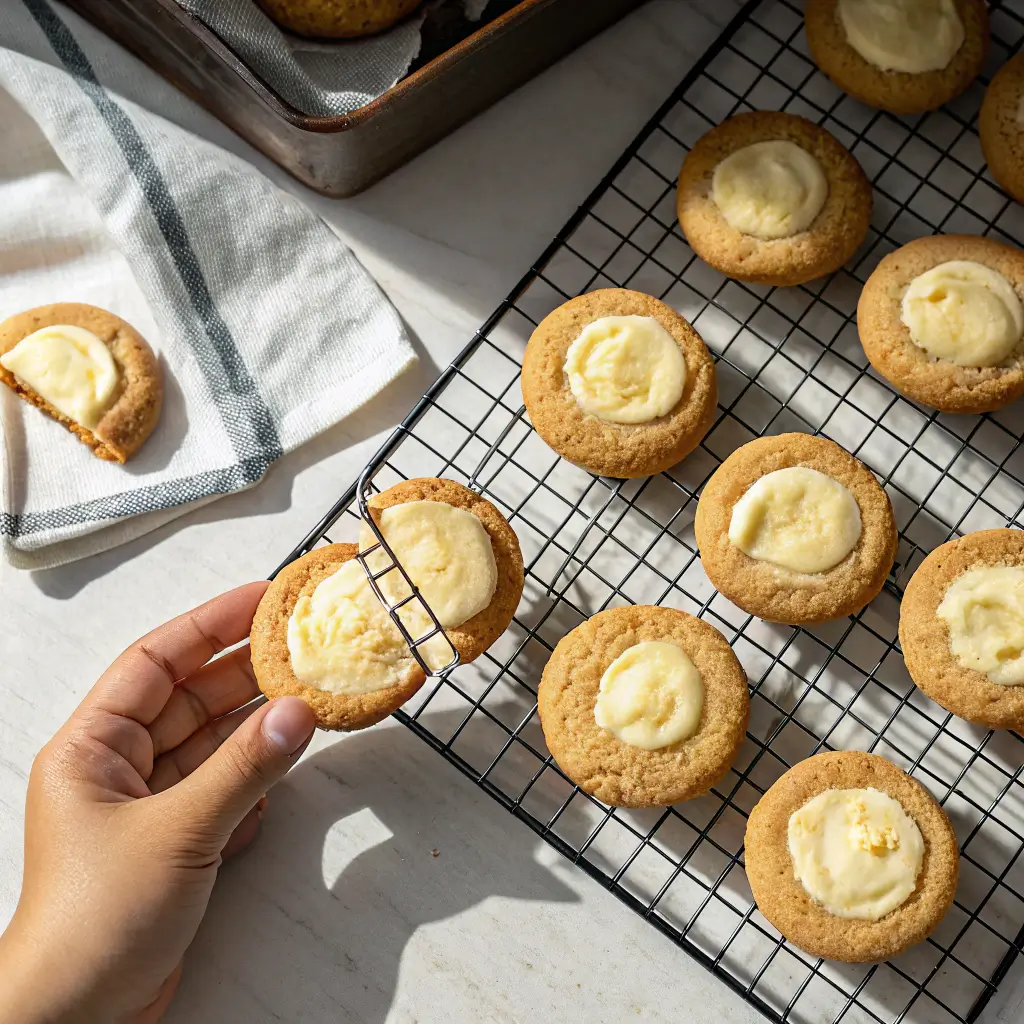 Hand picking up a cheesecake cookie from cooling rack