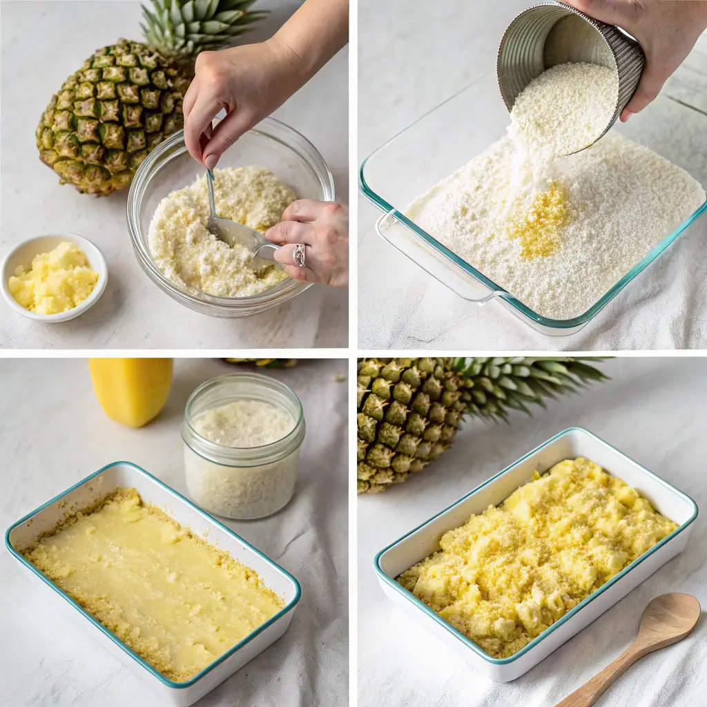 Steps for assembling pineapple dump cake layers