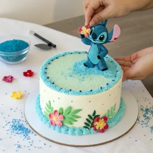 Adding final tropical decorations to a Stitch-themed cake