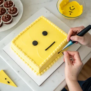 Piping black rectangular eyes and straight mouth onto yellow Roblox cake