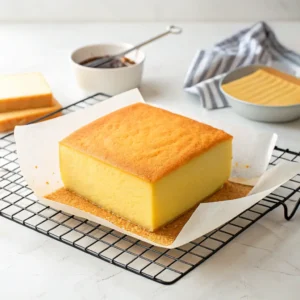 Square yellow cake cooling on wire rack with parchment paper being removed